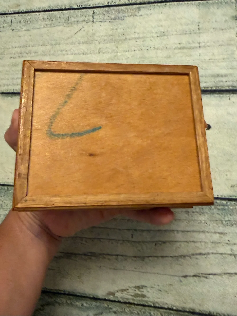 Vintage Small Wooden Jewelry Box with Photo Frame Lid and mirror inside.